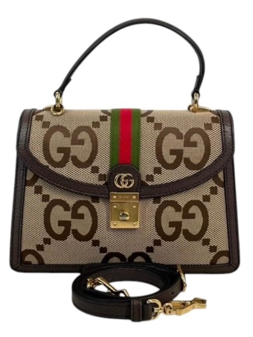 ✨🛍️ Gucci Ophidia Brown Jumbo GG & Web Stripe Padlock Top Handle Bag, Small